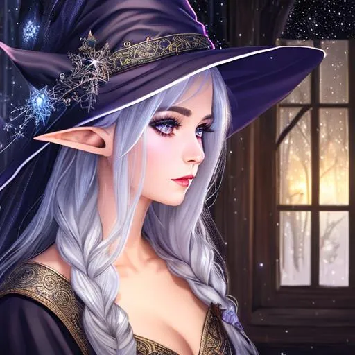 Prompt: half body portrair, female elf, witch, magical, detailed face, detailed eyes, full eyelashes, ultra detailed accessories, detailed interior, robes, witch hat with stars, braided hair, dnd, artwork, dark fantasy, raining background, tree house interior, looking outside from a window, inspired by D&D, concept art, night time