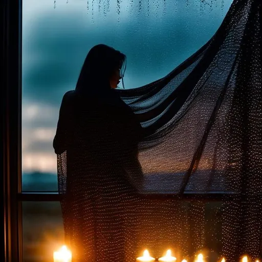 Prompt: Silhouette of a woman 🗣️ long shawl. within a room with dark warm colors. Send with tiny  mark glowing. Cinematic lifestyle. Posing with elegance. Flying feathers with rain in window. Vibrant colorful background