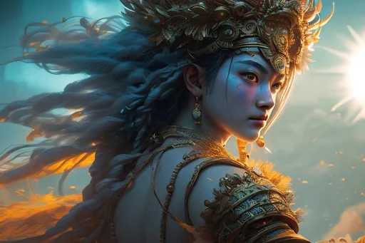 Prompt: goddess of the sun hyper detailed extremely realistic dark cinematic UHD in the style of Huang Guangjian