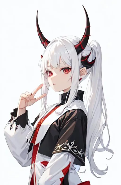 Prompt: Zaley 1female (white hair) (white demon horns) young kid, 10 years old. wearing torn clothes