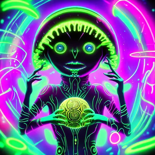 Prompt: Hypnotic illustration of an Alien and Money, hypnotic, psychedelic art, pop surrealism, dark glow neon paint, mystical, Behance, 4k, 8k, UHD, professional, studio lighting, unreal engine