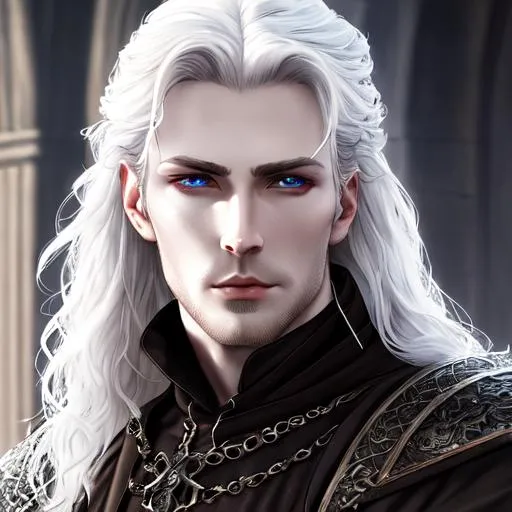 Prompt: medieval, fantasy, rpg, UHD, 8k, high quality, very detailed, detailed eyes, high detailed face, full body of a man with pale skin and dark eyes. He is a dark and deadly assassin. He wields two daggers