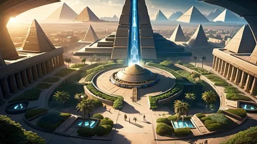 Prompt: Stargate in the middle of a city plaza, futuristic setting, aerial view, star portal, pyramid spaceships, floating pyramids, hanging gardens, detailed fantasy art, futuristic gardens, highres, detailed, aerial perspective, fantasy art, sci-fi, futuristic, star portal, detailed architecture, egyptian architecture, professional, magical lighting, atlantis setting