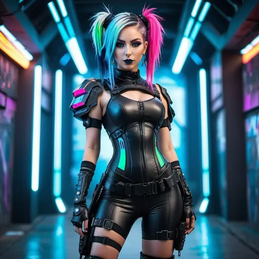 Prompt: futuristic cyber goth girl, tight dress, heavily armed, realistic, colorfull, 8k