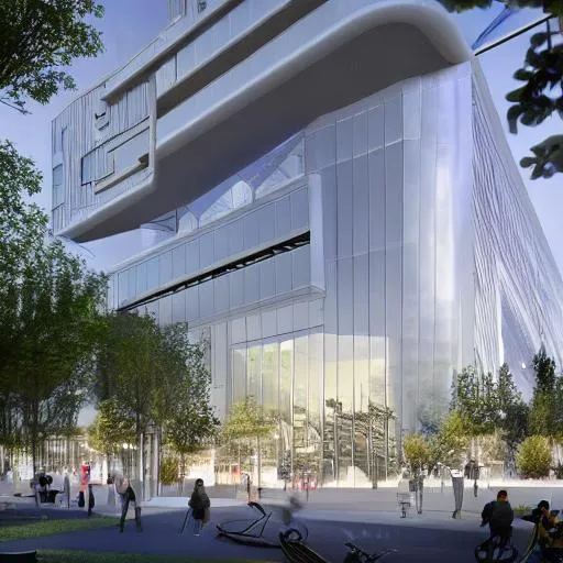 Prompt: Metaverse center building placed in a park builded with high-tech materials and technological view