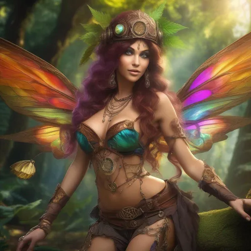 Prompt: ((Epic)). ((Cinematic)). Shes a ((colorful)), Steam Punk, belly dancer, Witch. (spectacular), Winged, Cannabis fairy, with a skimpy, ((colorful)), ((gossamer)), flowing outfit, standing in a forest by a village. ((Wide angle)). ((Detailed Illustration)). ((8k)).  Full body in shot. ((Hyper real painting)). ((Photo real)). An ((extremely beautiful)), buxom,  shapely woman with, ((Anatomically real hands)), and ((vivid)), ((colorful)), ((extremely bright eyes)). A ((breathtaking Halloween night near a village with lights)). ((Glowing, winged sprites)) flying everywhere.((Concept art style)). ((Colorful rays of light)).  ((Colorful lens flares)). (Celestial). Sony a7 IV. Enscape render.