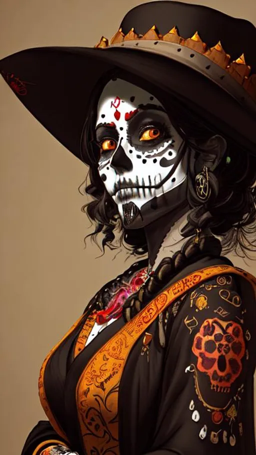 Prompt: beautiful cinematic photograph of calavera catrina, cowboy hat, Rembrandt oil painting, feudal japan, precise lineart, cyberpunk, 8k resolution, minimalist, intricate, highly detailed, concept art, realistic, artstation