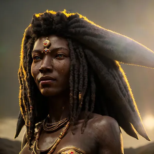 Prompt: (Hyperrealistic highly detailed photography of an ebonian priestess vessel of a sun spirit)
radiant eyes, shining eyes, beautiful, majestic. old stone temple. Magic