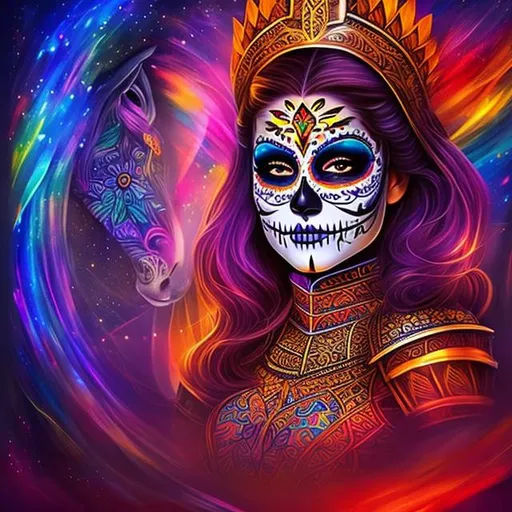 Prompt: overhead lighting,  vivid colors, Detailed Illustration. An Attractive Woman, knight armor, face paint {dias de los Muertos},