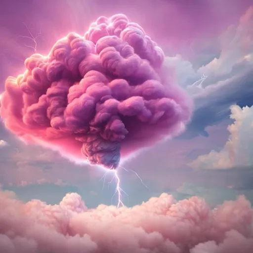 Prompt: A lightening strike coming out of a pink cloud hitting the ground and a flowery pink background for landscape. The colours are pastel pink and soft colors for a romantic feel. 