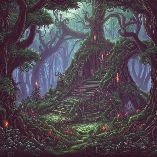 Prompt: a 16 bit enchanted evil forest to be used as a loading screen for an RPG


