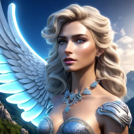 Prompt: HD 4k 3D 8k professional modeling photo hyper realistic beautiful women ethereal greek goddess of messages
silver hair updo blue eyes gorgeous face tan skin shining armor shimmering jewelry and tiara winged feet full body surrounded by magical glowing light hd landscape background sky clouds wind mountains birds