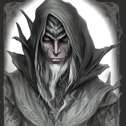 Prompt: A elderly shadow elf with rogue features. The elf is male in plain leather clothes. 