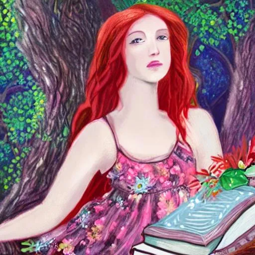 Prompt: A painting of a red haired young woman wearing a floral summer dress in an enchanted forest with fairies and books with natural sunlight with pastel colours