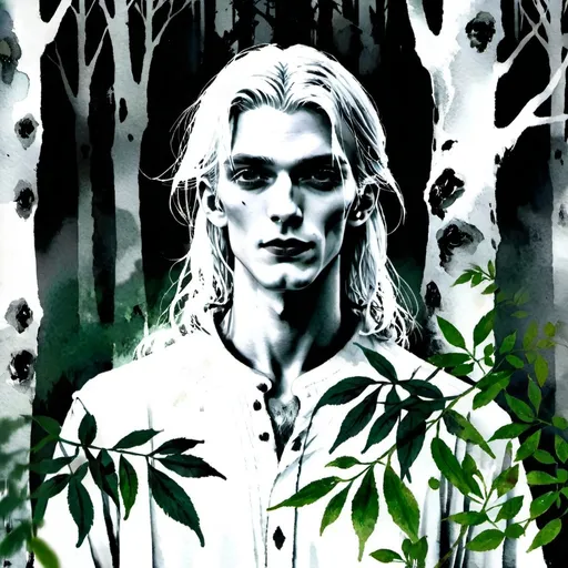 Prompt: A creature is standing in the forest. He looks like a handsome, young man, but he has [very pale skin], [yellow eyes], [black lips] and [extremely long, grey hair, with some leaves stuck in it]. He is wearing a white peasant shirt.