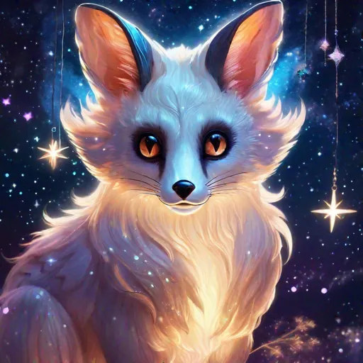 Prompt: portrait of A majestic translucent inari fox that is glowing, nebula, glitter, in the den, beneath the stars, bioluminescent, highres, best quality, concept art