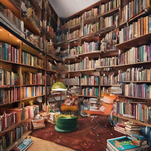 Prompt: Bibliothek, mit Regalen an allen Wänden, von unten nach oben fotographiert, Bücher fliegen zwischen den Regalen, haben Spaß, lustig, bunt, hyperrealistic, detailed, realistisch, detailgetreu
