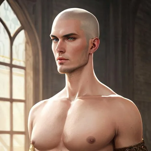 Prompt: fantasy, medieval, Tall man, slender, with pale yellow skin and brown eyes, and a shaved head, With a spear on his back, UHD, 8k, high quality, ultra quality, perfect composition, trending art, trending on artstation, sharp focus, studio photo, intricate details, cinematic lighting, special effects, hyper realism, hyper realistic, oil painting, Very detailed, high detailed face, high detailed eyes, full body, full view of character, portrait