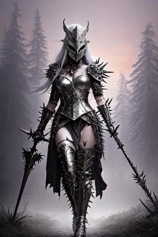 Prompt: full body portrait of a female beautiful sorceress wearing a spiked metal helm and mask walking through mist in scale armor with wrapped boots and white flowing hair and metal arms and gauntlets and holding a barbed spear in front of misty forest at orange sunrise and killing a wolf, dark fantasy, hyper realistic, hdr, micro details, anime details, perfect compensition western battle background, perfect composition, hyperrealistic, render, super detailed, 8k, high quality, trending art, trending on artstation, sharp focus, studio photo, intricate details, highly detailed, creative, hair, fan art, glistening, refracting, leaves