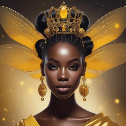Prompt: Queen bee-A beautiful  black woman with hair arrainged in a top knot behind a gold tiara. Amber colored eyes, gown in colors of yellow and black, facial closeup