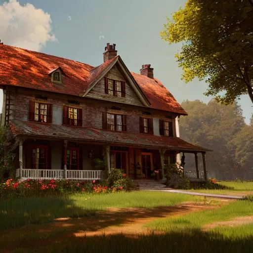 Prompt: Country house, nature, big tree, warm colors, cinematic, Artstation trend, 8k