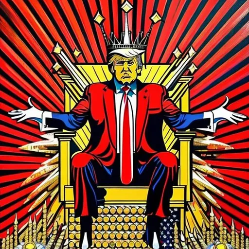 Prompt: Donald trump sitting on a throne, wearing a gold crown incrusted with large red jewels:  detailed yet simple painting with solid outlines in the style of Andy Worhal, pop art style