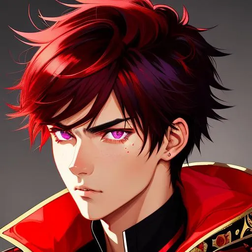 Prompt: Upper body portrait of an anime boy, 20 years old, Black and red hair, tan skin, Black and Red jacket, angry, purple eyes, a scar in The right eye, intricate, detailed face. by Ilya Kuvshinov and Alphonse Mucha. Dreamy, sparkles