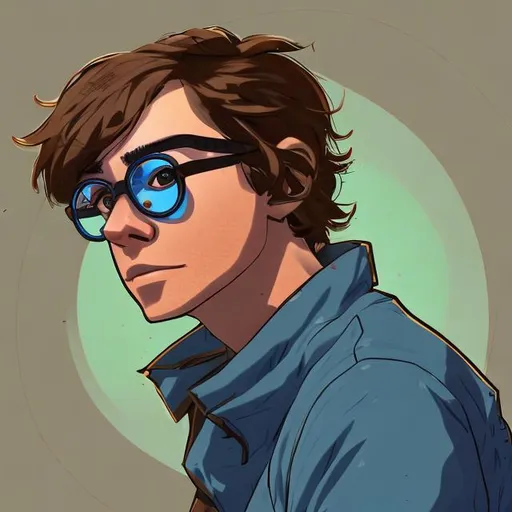 Prompt: brown hair, with blue glasses, a man his body is  not strong fat or skinny, with brown eyes, and it is a profile picture, in an anime style