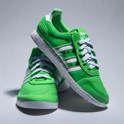 Prompt: FUNKO POP greenlight adidas tennis shoes, MADE OF steel, PRODUCT STUDIO SHOT, ON A WHITE BACKGROUND, DIFUSED LIGHTING, right CENTERED, adidas logo on the bottom left