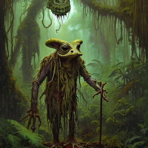 Prompt: Portrait painting, short frog-like humanoid shaman, staff with animal skull, big robe, in the jungle, dull colors, danger, fantasy art, by Hiro Isono, by Luigi Spano, by John Stephens