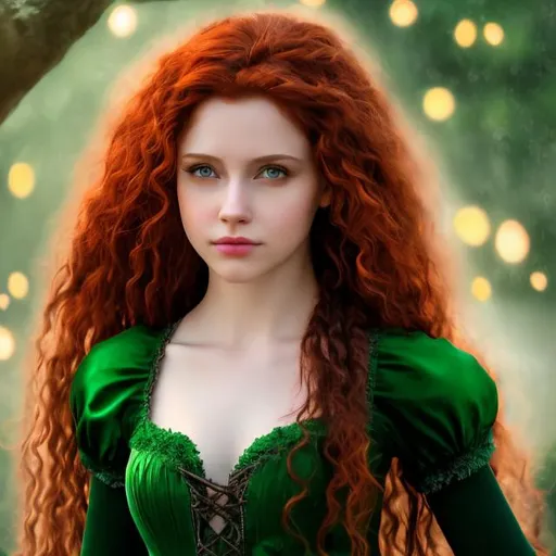 Prompt: professional modeling photo live action merida human woman hd hyper realistic beautiful scottish woman red hair fair skin green eyes beautiful face green velvet dress silver jewelry enchanting forest at night hd background with live action realistic lanterns