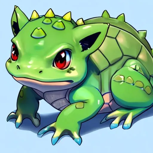 Prompt: HD, High Quality, 5K, Anime, Bulbasaur, small blue-green quadrupedal amphibian, green plant bulb on back,  blue skin with darker patches, It has red eyes with white pupils, pointed, ear-like structures on top of its head, and a short, blunt snout with a wide mouth. A pair of small, pointed teeth are visible in the upper jaw when its mouth is open. Each of its thick legs ends with three sharp claws. On Bulbasaur's back is a bright green circular plant bulb that conceals two slender, tentacle-like vines, which is grown from a seed planted there at birth. The bulb also provides it with energy through photosynthesis as well as from the nutrient-rich seeds contained within, forest, Pokémon by Frank Frazetta