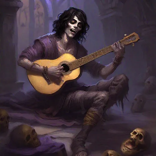 Prompt: Full body splash art of a sweet, youthful, young, handsome, male undead zombie bard, singing and playing the lute, mummified pale face, black hair, skinny, tyrian purple medieval noble page clothes with puffy sleeves, floppy hat with feathers, D&D, dnd, fantasy, highly detailed, sharp focus, digital painting, trending on artstation, 4k, 8k, unreal engine