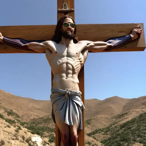 Prompt: Jesus Christ crucified on the cross, but he's a cool muscular grinning chad wearing sunglasses