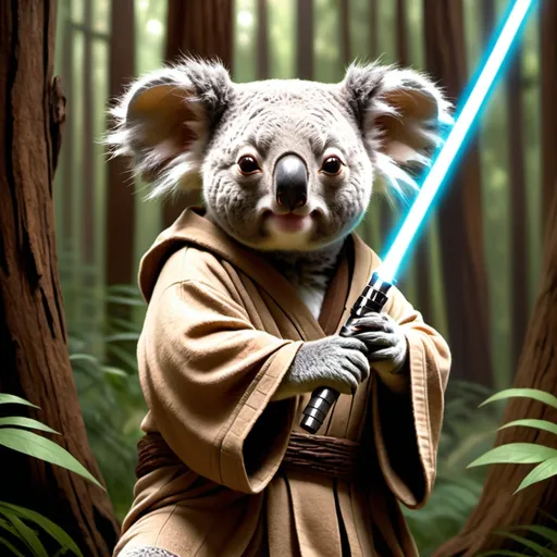 Prompt: Pixar-style illustration of a wise Koala Jedi Knight, earthy tones, lush forest setting, flowing Jedi robes, serene and wise expression, detailed fur with warmth and texture, lightsaber glowing in the forest, high quality, Pixar-style, earthy tones, lush forest, detailed fur, wise expression, Jedi robes, lightsaber, serene atmosphere