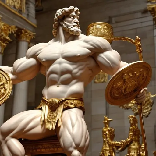 Prompt: make a white marmer and gold statue of hercules that is very muscular