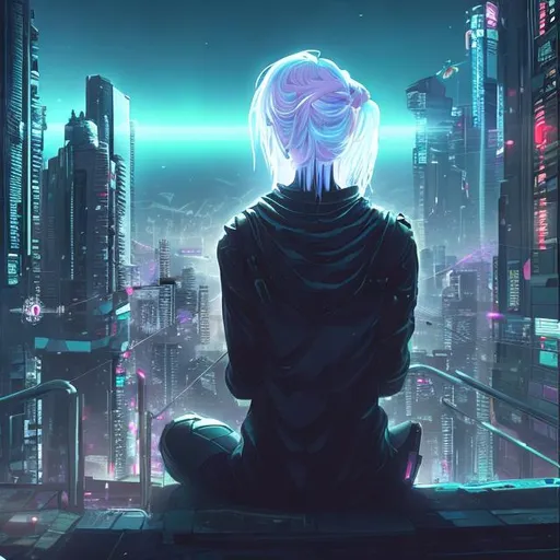 Prompt: cyberpunk setting. white haired woman sitting on a balcony looking out over a city. Seing the woman from behind. no face
