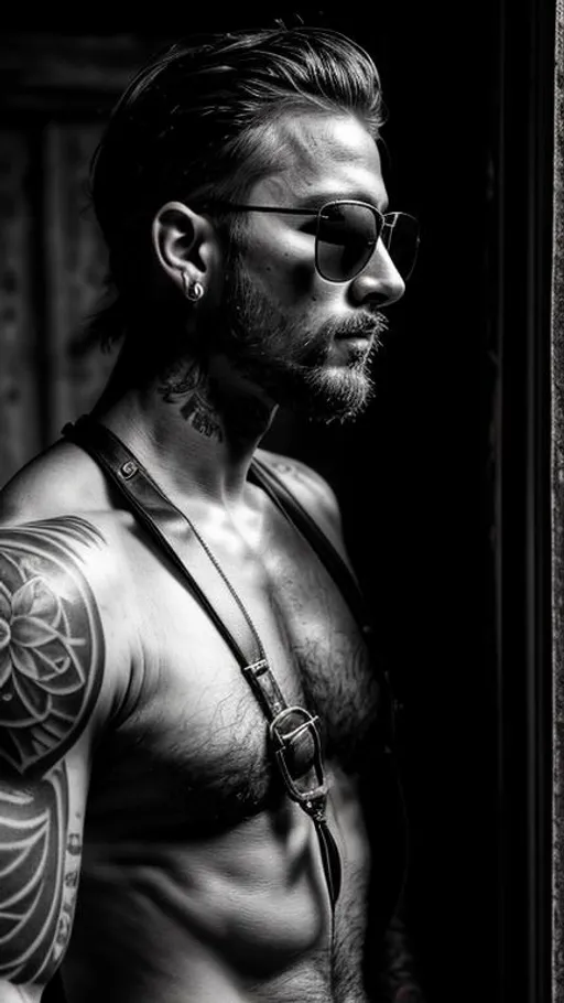 Prompt: Sensual, tattooed, shirtless, rustic  man from a random country, wearing sunglasses and a intricate leather harness, in an abandoned place near a window, cinematic, close-up portrait, grayscale, hyperrealistic, hyperdetailed, ambient light, perfect composition, provocative, textured skin, high contrast, profile portrait, ultra HD.