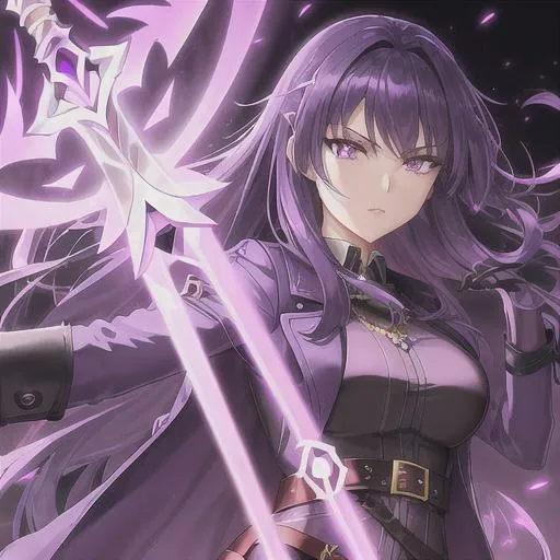 Prompt: Beautiful female with detailed eyes, has a sword emanating lightning, wearing a trenchcoat with neon purple edges, a belt with hanging silver chains, black leather gloves, a young anime woman with long dark purple luxurious hair with a fringe haircut, purple eyes, disoriented due to memory loss, an amethyst hairclip in her hair, fantasy, clear sparkling purple glowing eyes, intricately detailed face, intricate, highly-detailed, ultrarealistic face, large landscape, mechanics, dramatic lighting, gorgeous face, lifelike, stunning,  digital painting, large, artstation, illustration, concept art, smooth, sharp focus, looking and smiling at viewer, full body, photography, detailed skin, realistic, photo-realistic, 8k, highly detailed, full length frame, High detail, showing full body, full body art 