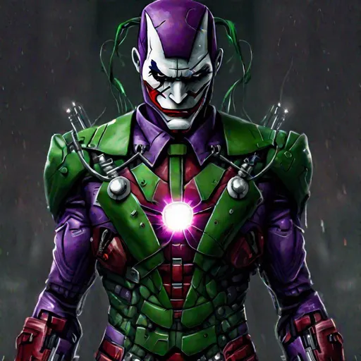 Prompt: Joker themed Iron man suit
With the power source on his chest