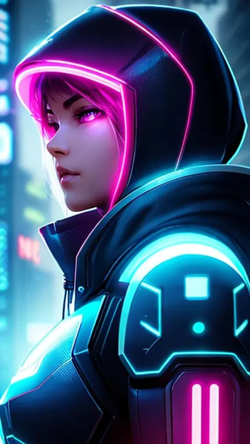 Prompt: Quality, 8k, detailed, cyberpunk, anime, hood, beautiful, face, neon backlight, Robot