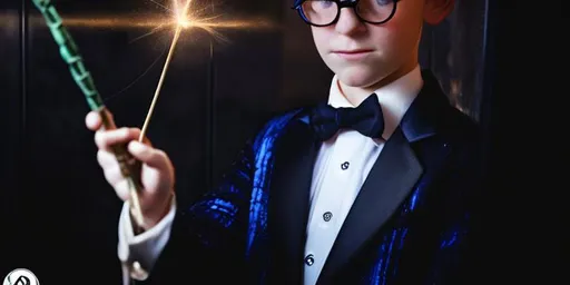 Prompt: 13 year old boy in a tuxedo casting a crazy magic spell from the outside of a bathroom stall with his magic wand, but the spell he cast happens on the inside of the bathroom stall because he cast the spell on the inside 