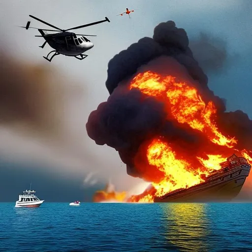Prompt: an boat sinking and is on fire while an heli is flying in the sky