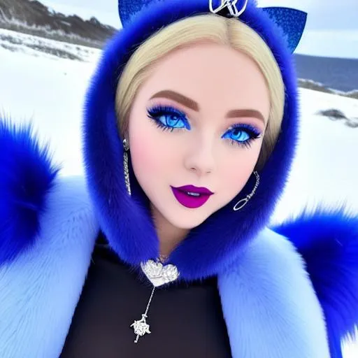 Prompt: Daisy Ridley, eating candy ice cream, blue lipstick, snowy beach, blue heart necklaces, Thick blue fur coat, Black Cape, pleasant face, blue eyes, Black-purple eyeshadow, long ice earrings. Cold color scheme, ultradetailed, 8k resolution, perfect, smooth, high quality, shiny. 