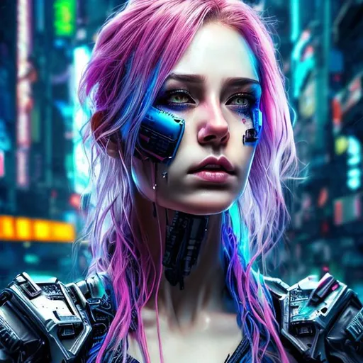 Prompt: stunning female portrait, cyberpunk style, realistic makeup, pretty high detailed, colorful