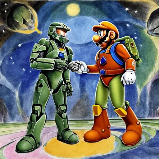 Prompt: Master Chief and Super Mario High Fiving, painted in the style of William Blake