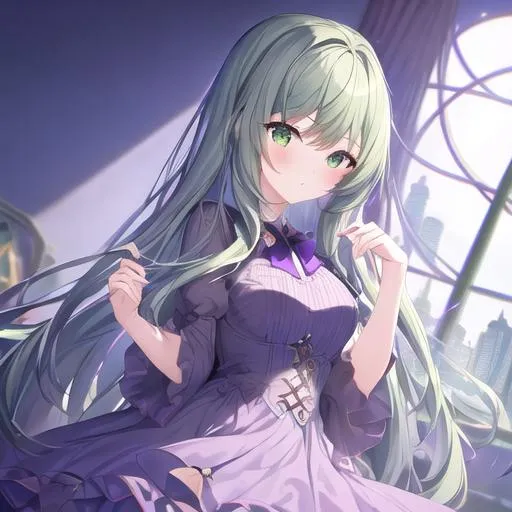 Prompt: (masterpiece, best quality:1.2), illustration, absurdres, highres, extremely detailed, 1 girl inside a sandglass, blue long hair, green eyes, eye highlights, dress, 
 chromatic aberration abuse, pastel color, Depth of field, purple tint,(purple fog:1.3)