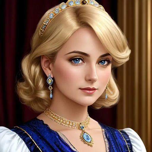 Prompt: Wealthy, stylish lady of the Victorian era, blonde hair, wearing sapphire and gold jewelry ,facial closeup