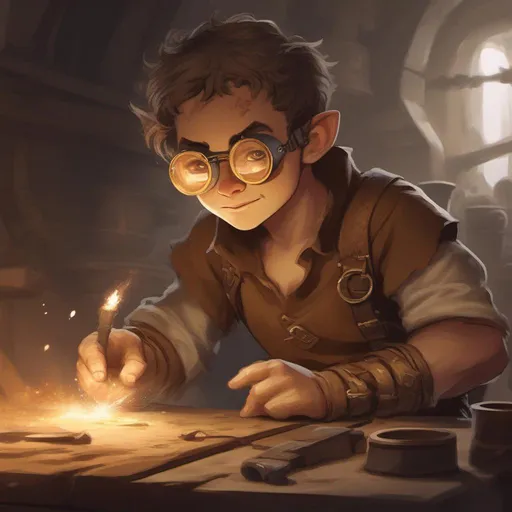 Prompt: dnd a male halfling wearing a messy brown shirt and brass goggles with a messy stubble on his chin in a forge