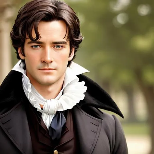 Prompt: Mr. Darcy, a handsome man with dark hair aged 30 years, stylish 18th century clothing, facial closeup